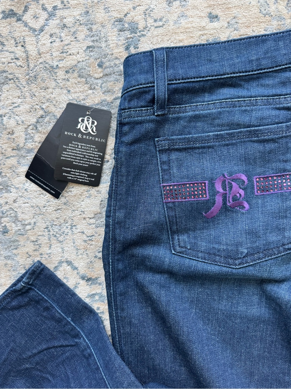 Rock & Republic Dark Blue Boot Cut Jeans with Purple Embroidery